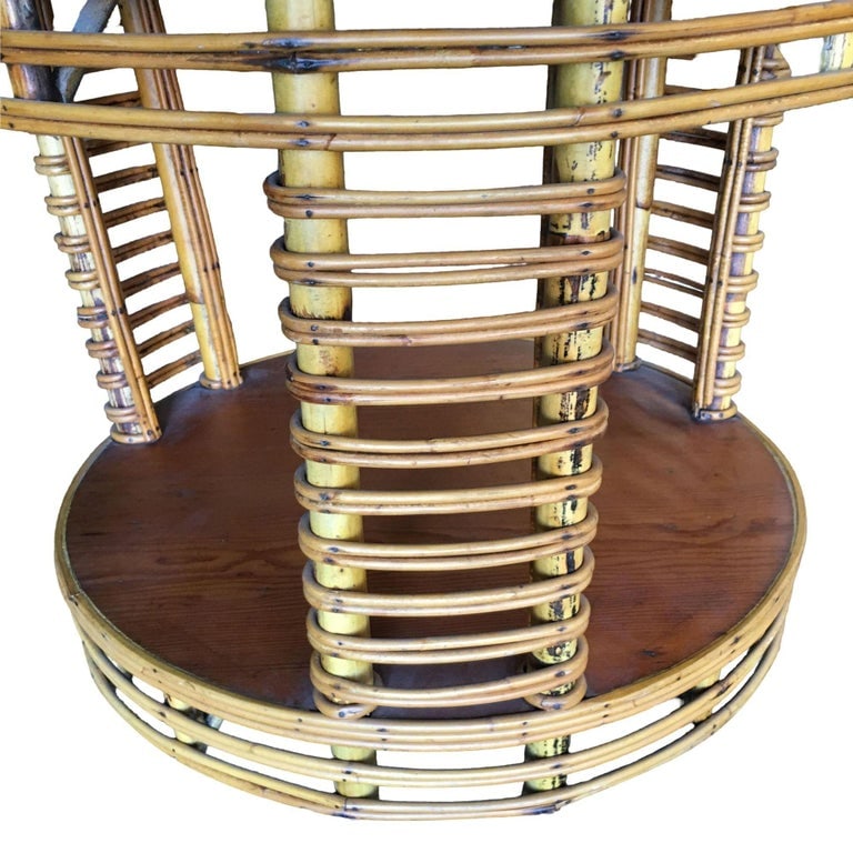 Restored MCM Two Tier Round Stick Reed Rattan Coffee Table With Mahogany - 8