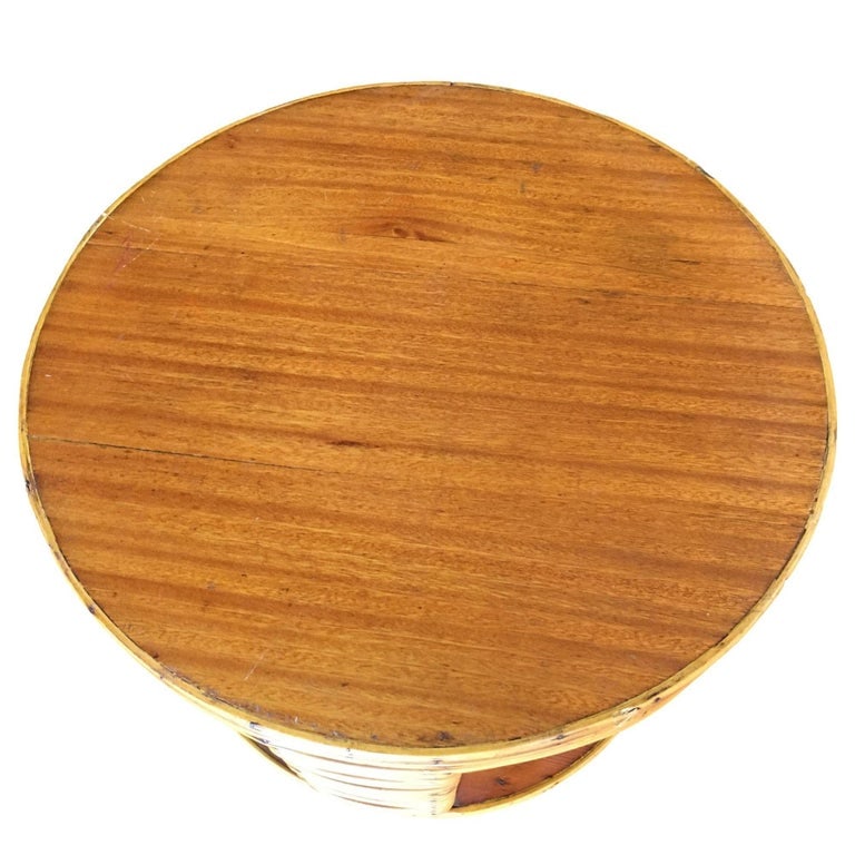 Restored MCM Two Tier Round Stick Reed Rattan Coffee Table With Mahogany - 9