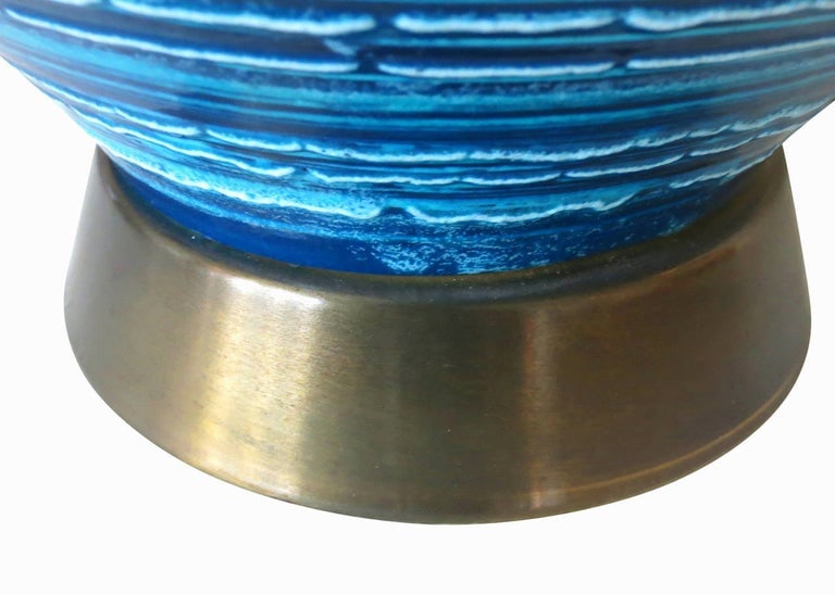 Midcentury Variegated Blue Striped Glaze Ceramic Lamp - 6