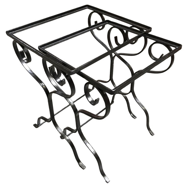 Midcentury Scrolling Iron Patio Nesting Side Tables with Glass Tops, Pair - 2