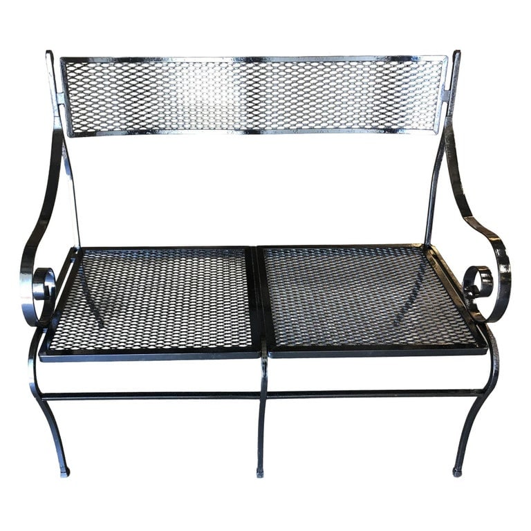 Woodard Wrought Iron Mesh Loveseat Bench, Scrolling Arms - 3