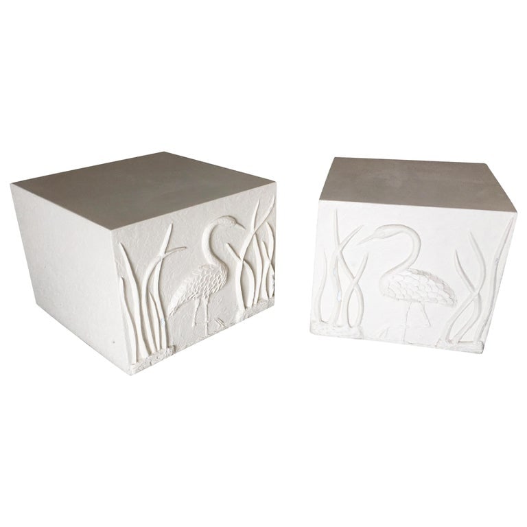 Large White Cube Pedestal Side Tables with Crane Relief, Pair of 1980s - 2