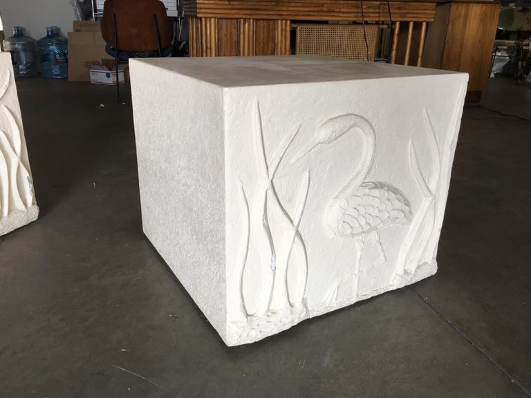 Large White Cube Pedestal Side Tables with Crane Relief, Pair of 1980s - 7