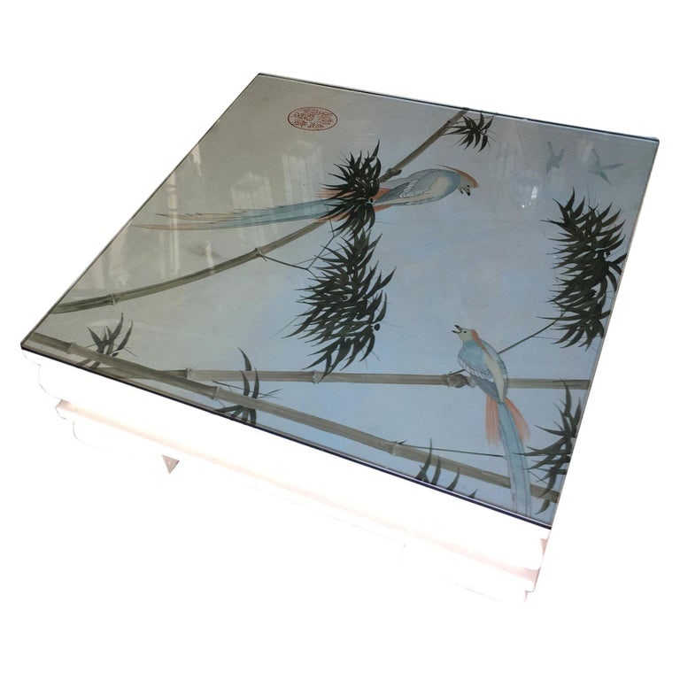 Large Neo Art Deco Coffee Table with Hand Painted Crane Pastel - 3