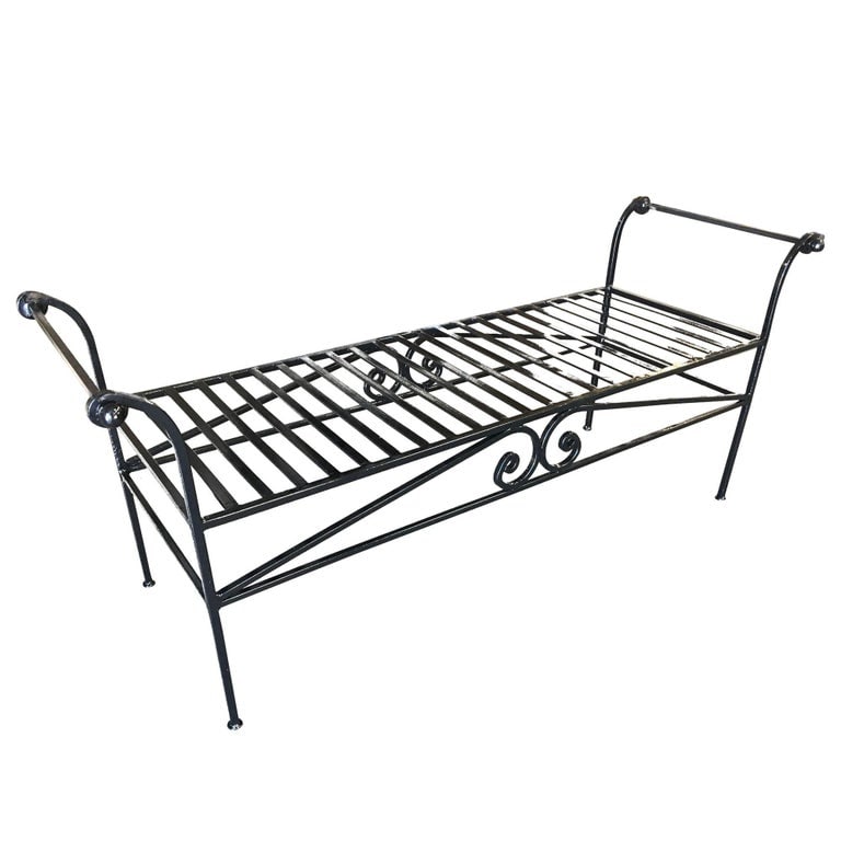 Scrolling Black Wrought Iron Chaise Lounge, Bench - 2