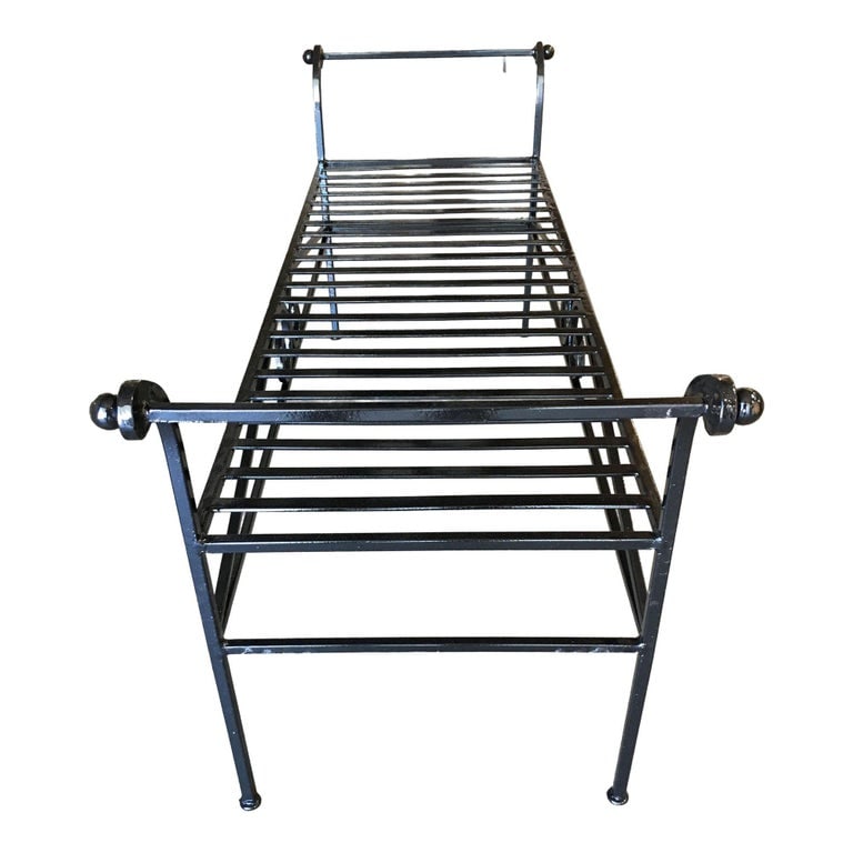 Scrolling Black Wrought Iron Chaise Lounge, Bench - 3