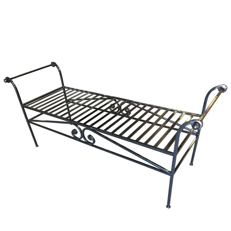 Scrolling Black Wrought Iron Chaise Lounge, Bench - 4