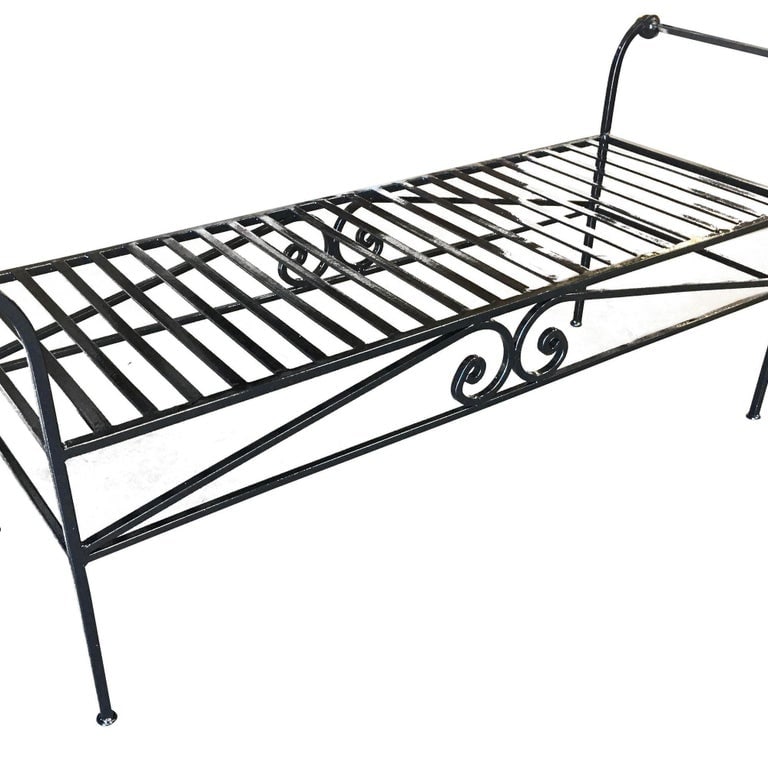 Scrolling Black Wrought Iron Chaise Lounge, Bench - 8