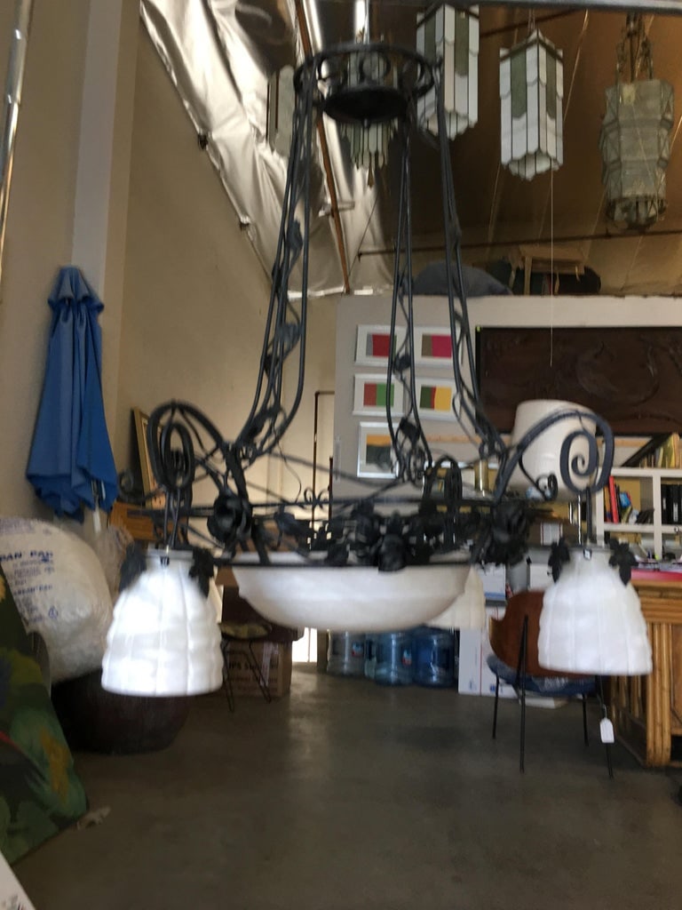 Black Iron Tole 4-Light Chandelier with Alabaster Shades - 3