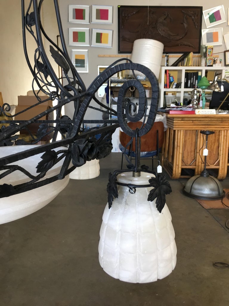 Black Iron Tole 4-Light Chandelier with Alabaster Shades - 4