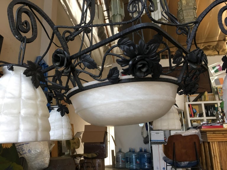 Black Iron Tole 4-Light Chandelier with Alabaster Shades - 5