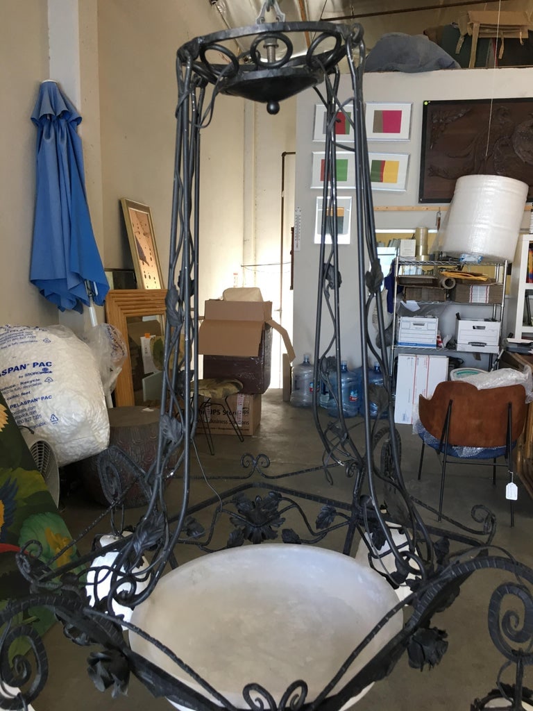 Black Iron Tole 4-Light Chandelier with Alabaster Shades - 6