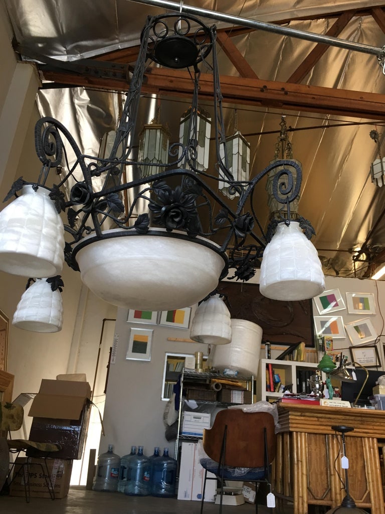 Black Iron Tole 4-Light Chandelier with Alabaster Shades - 7