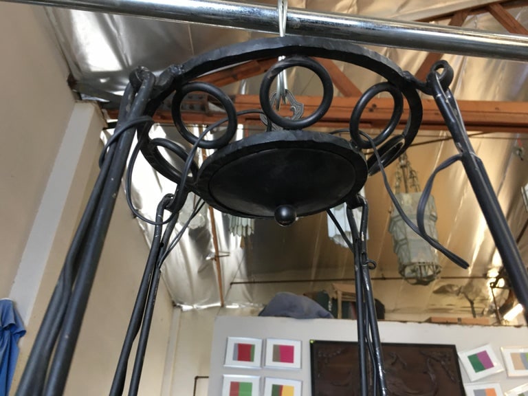 Black Iron Tole 4-Light Chandelier with Alabaster Shades - 8