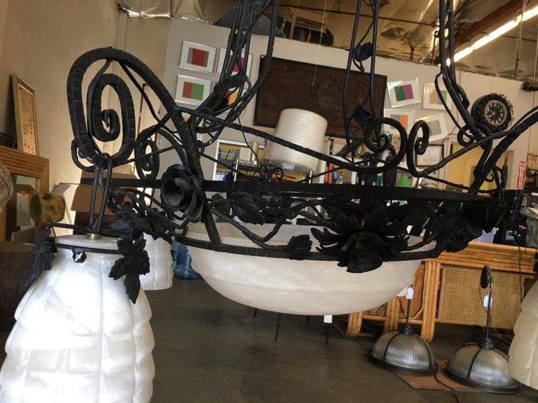 Black Iron Tole 4-Light Chandelier with Alabaster Shades - 9