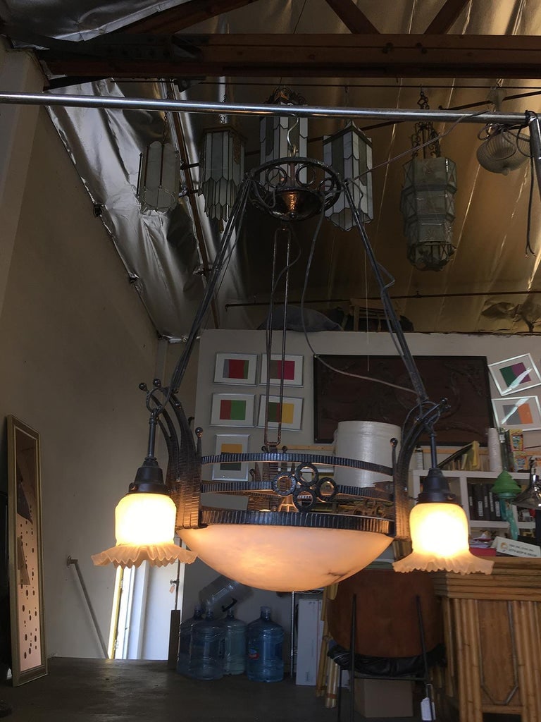Black Iron Tole 6-Light Chandelier with Alabaster and Acid Patina - 10
