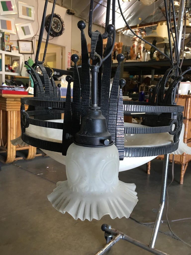 Black Iron Tole 6-Light Chandelier with Alabaster and Acid Patina - 11