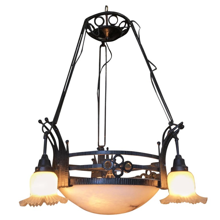 Black Iron Tole 6-Light Chandelier with Alabaster and Acid Patina - 2