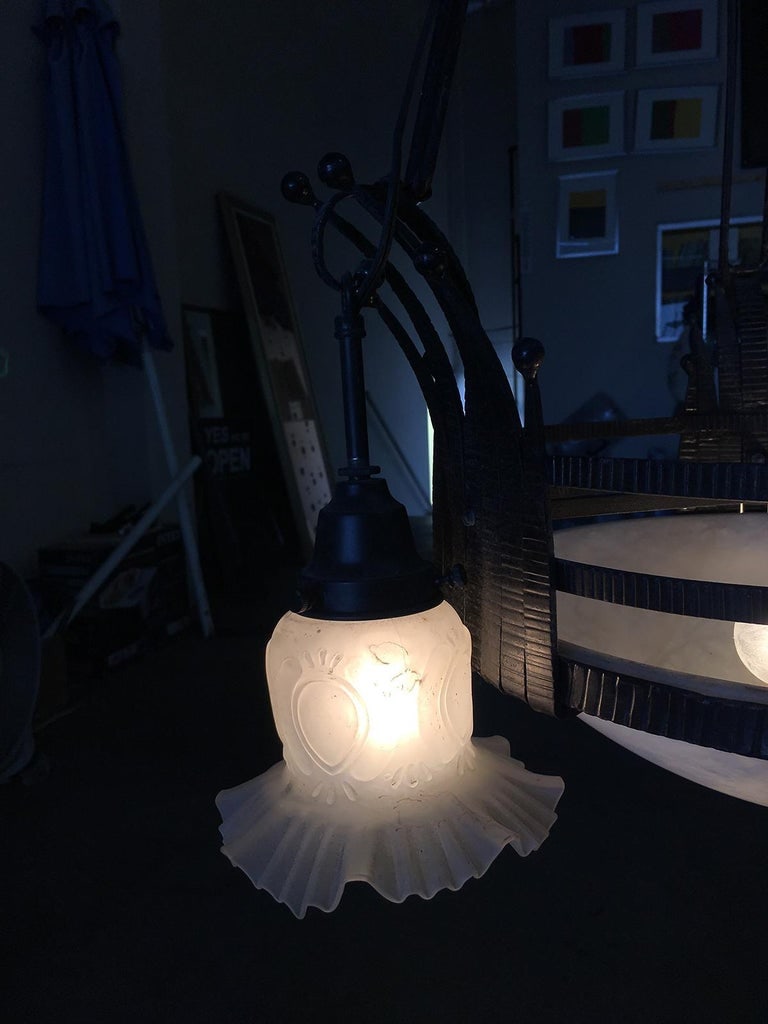 Black Iron Tole 6-Light Chandelier with Alabaster and Acid Patina - 3