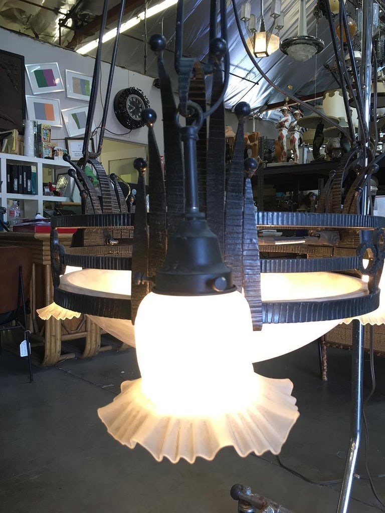 Black Iron Tole 6-Light Chandelier with Alabaster and Acid Patina - 4