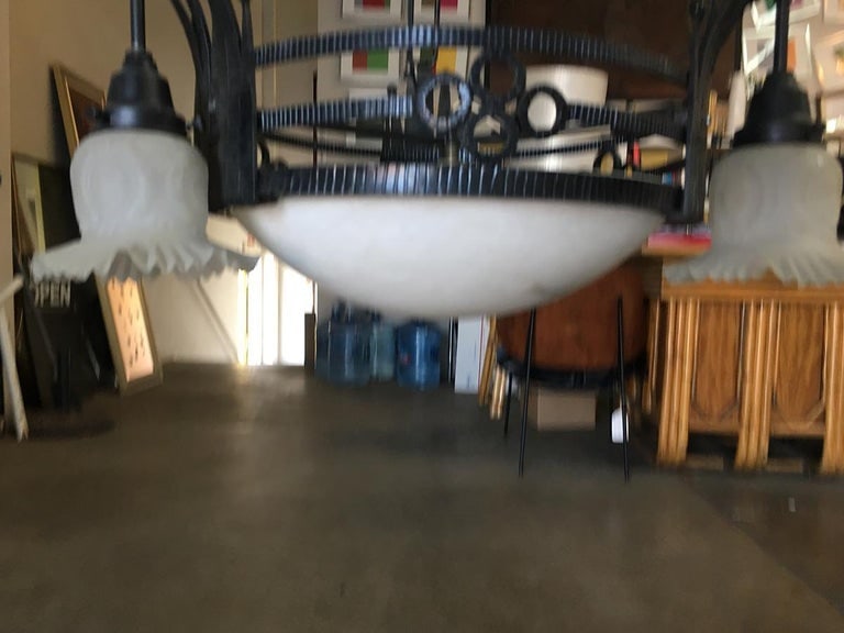 Black Iron Tole 6-Light Chandelier with Alabaster and Acid Patina - 5
