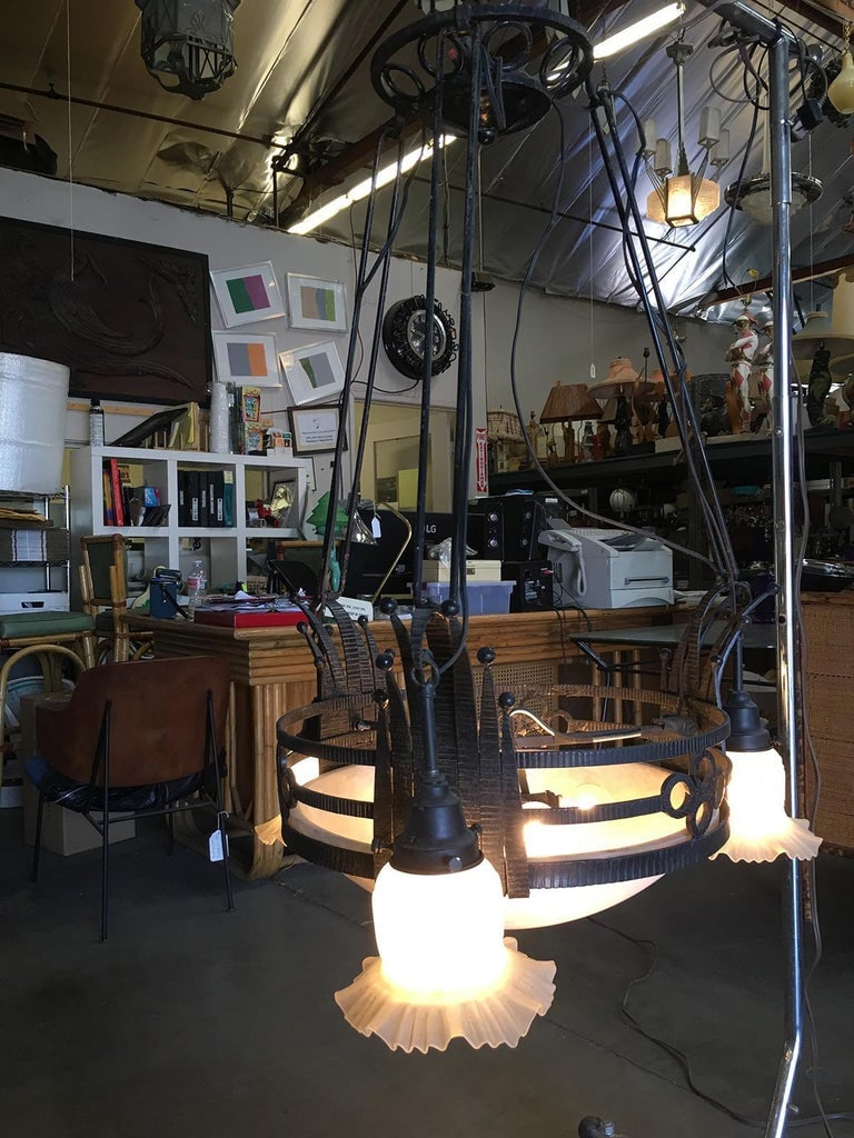 Black Iron Tole 6-Light Chandelier with Alabaster and Acid Patina - 6