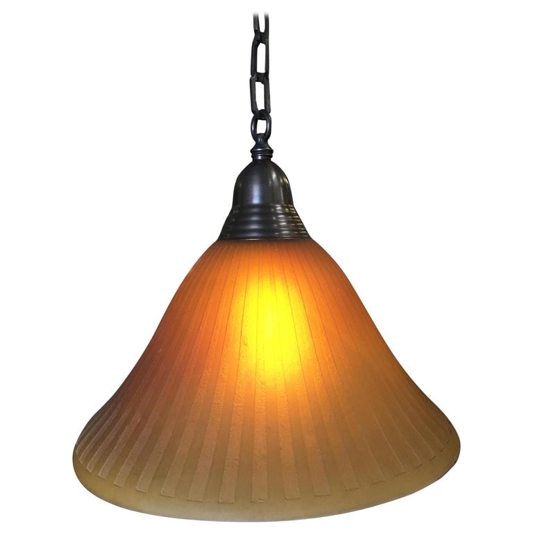 Bronze Hanging Lamp with Amber Glass Shade - 2