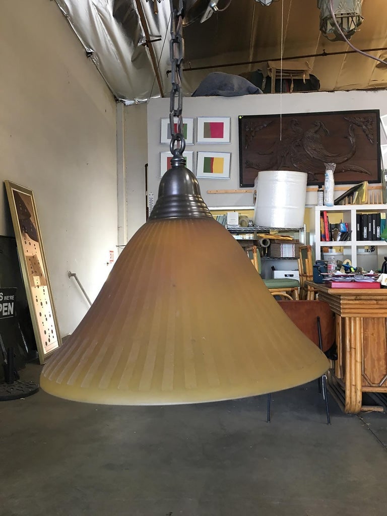 Bronze Hanging Lamp with Amber Glass Shade - 3