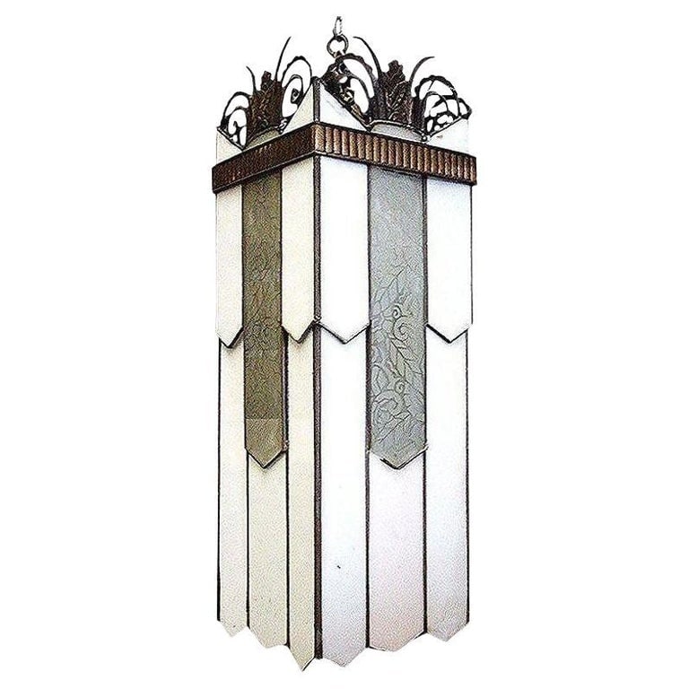 Art Deco Geometric Leaded Glass Grand Theater Chandelier w/ Bronze Scrolling Top - 2