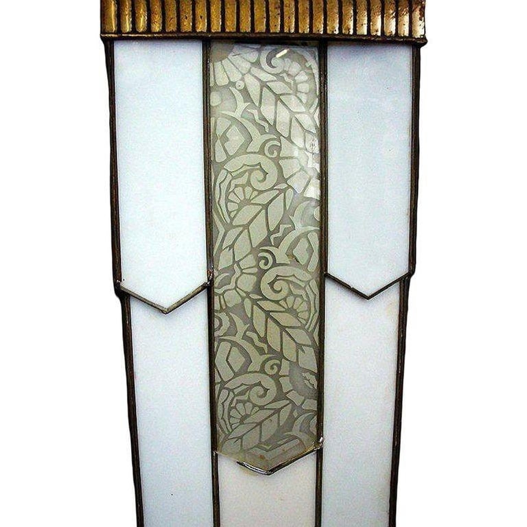 Art Deco Geometric Leaded Glass Grand Theater Chandelier w/ Bronze Scrolling Top - 5