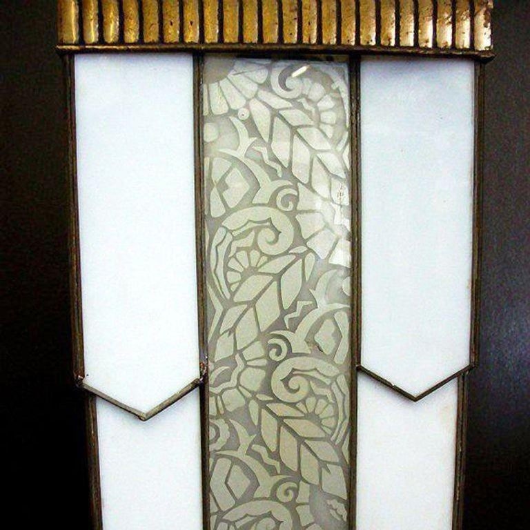 Art Deco Geometric Leaded Glass Grand Theater Chandelier w/ Bronze Scrolling Top - 8