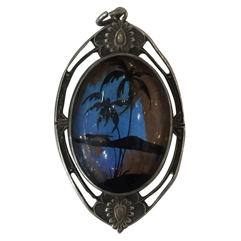 Sterling Pendant with Hand Painted Landscape on a Butterfly Wing - 2