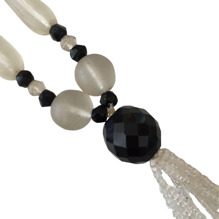 Victorian Frosted Glass and Black Jet Beaded Lariat Necklace - 5