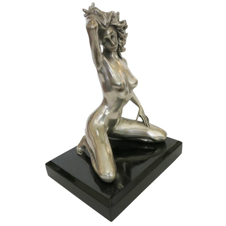 1970s Style Erotic Chromed Bronze Kneeling Nude Statue - 3