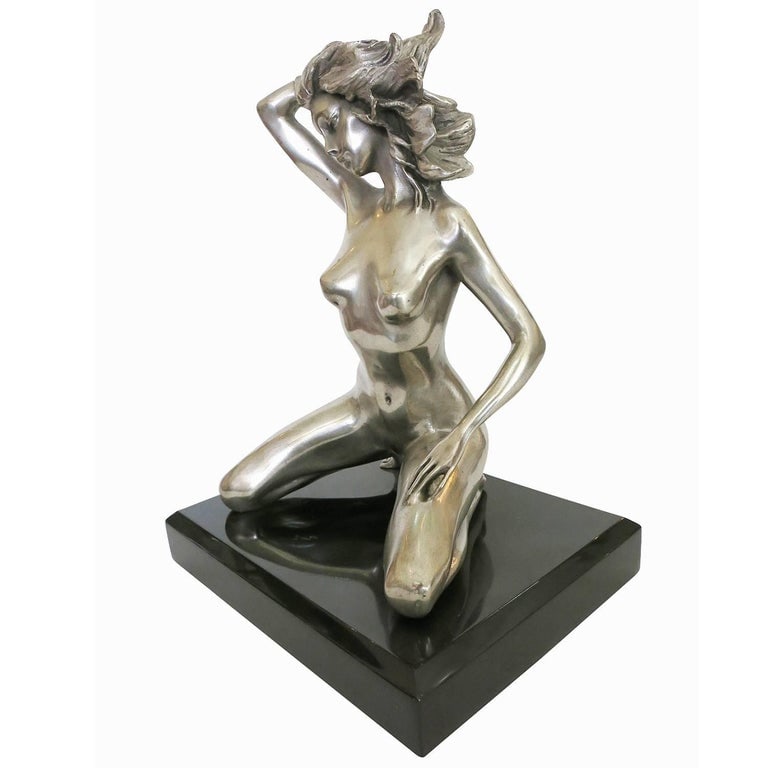 1970s Style Erotic Chromed Bronze Kneeling Nude Statue - 4