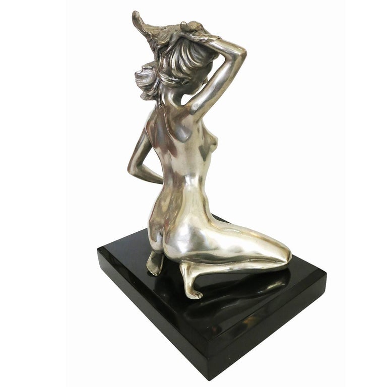 1970s Style Erotic Chromed Bronze Kneeling Nude Statue - 5
