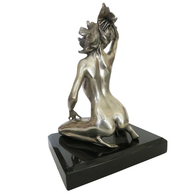 1970s Style Erotic Chromed Bronze Kneeling Nude Statue - 6