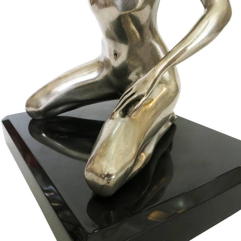 1970s Style Erotic Chromed Bronze Kneeling Nude Statue - 7