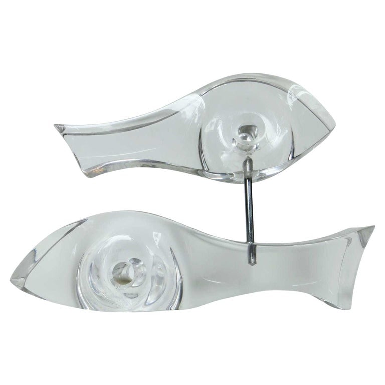 Mid-century Abstract Lucite Sculpture by Astrolite for Ritts in Los Angeles: Mid-century era Abstract Lucite sculpture featuring two fish swinging in the shape of a yin-yang. The large bottom fish is a 10" long sculpture serving as the base, with a second Top fish being an 8.2