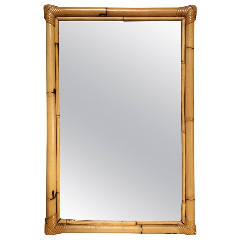 Two-Strand Rectangle Rattan Mirror with Stick Rattan Border: Large rectangular mirror featuring a single-strand Rattan frame with an inner stick rattan border. Restored to new for you. We only purchase and sell only the best and finest rattan furniture made by 