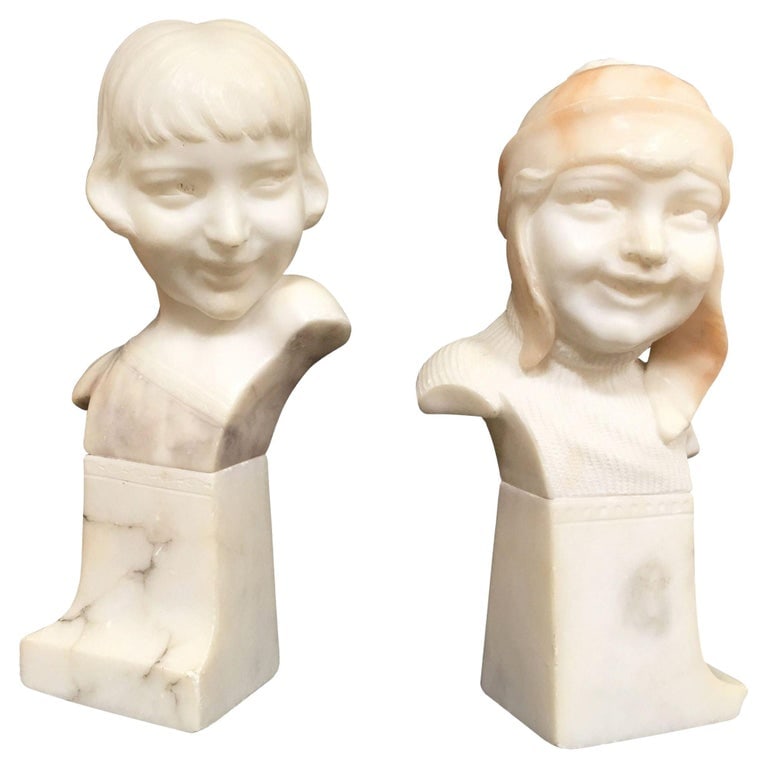 Hand Carved Boy and Girl Alabaster Bust Set - 2