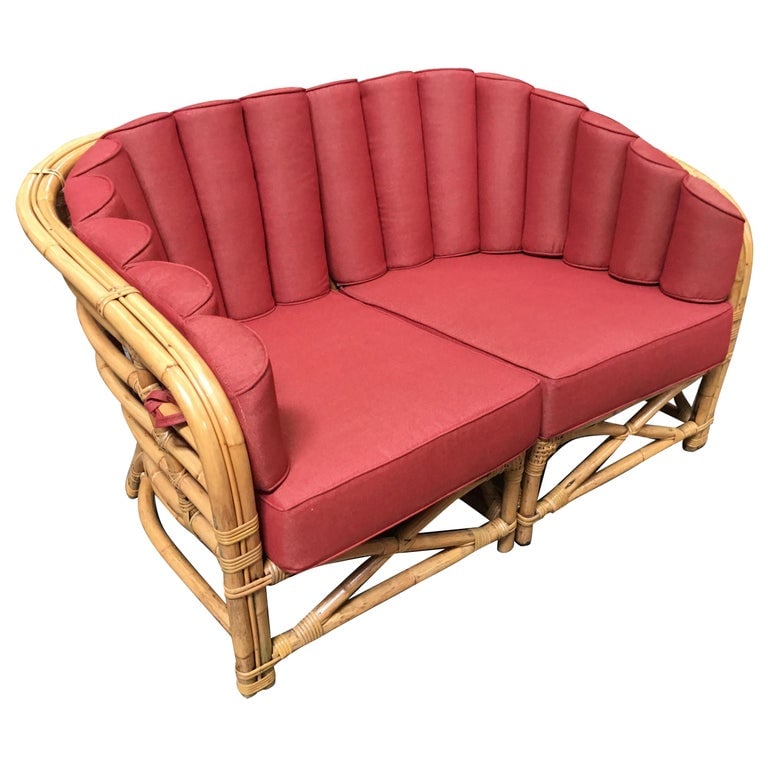 Restored Art Deco Rattan Shell Back Rattan Sectional Loveseat Sofa - 2