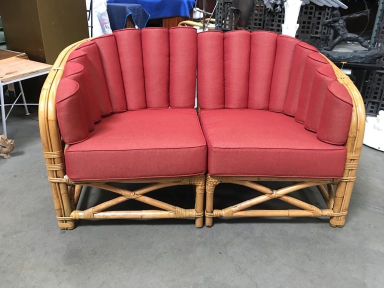Restored Art Deco Rattan Shell Back Rattan Sectional Loveseat Sofa - 3