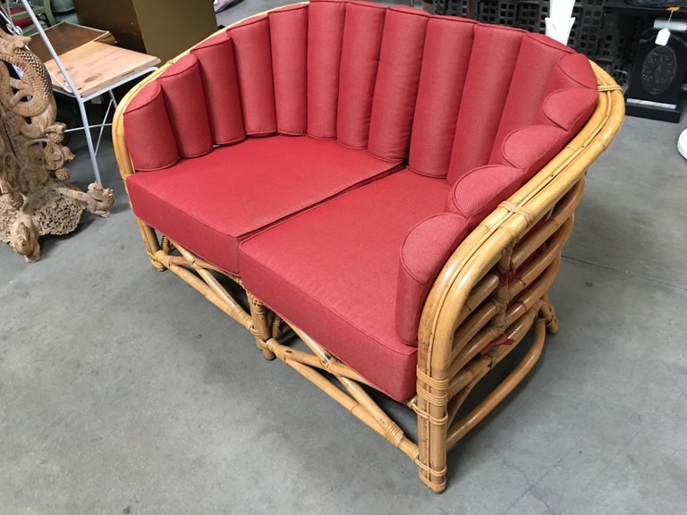 Restored Art Deco Rattan Shell Back Rattan Sectional Loveseat Sofa - 4