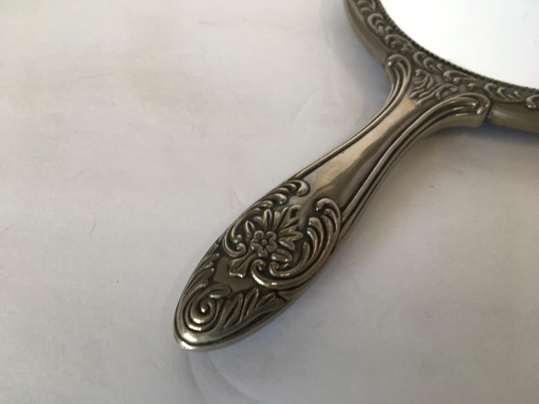 Antique Silver Plate Rose Pattern Vanity Hand - 3