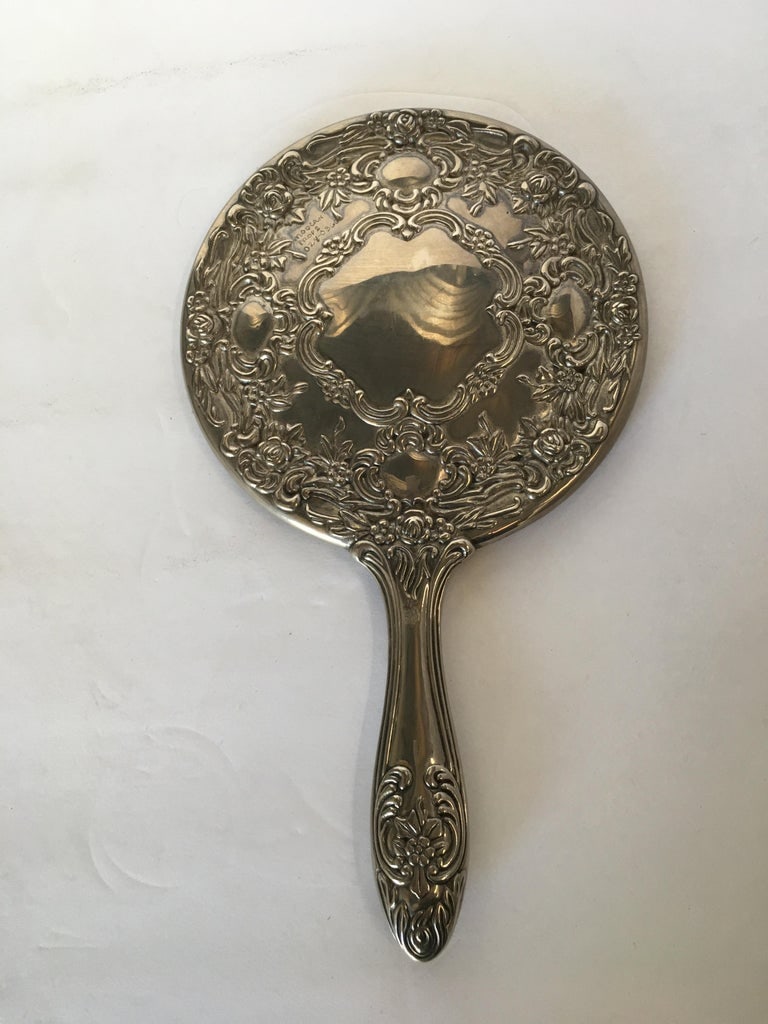 Antique Silver Plate Rose Pattern Vanity Hand - 5