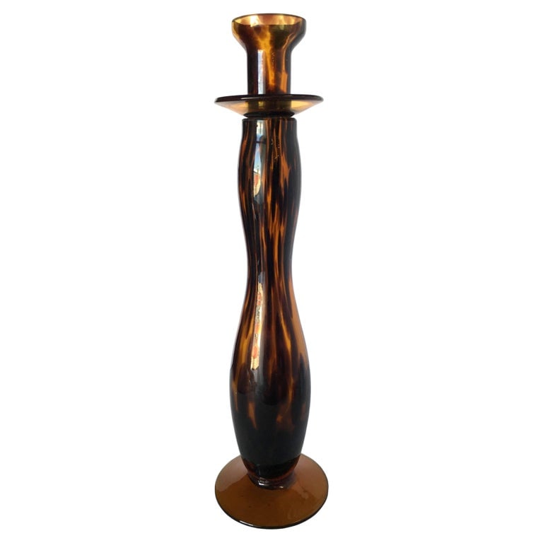 Large Hand Blown Amber Murano Glass Candlestick Holder - 2