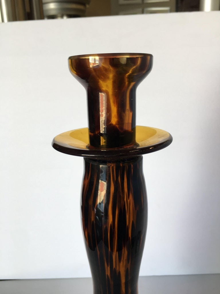 Large Hand Blown Amber Murano Glass Candlestick Holder - 3