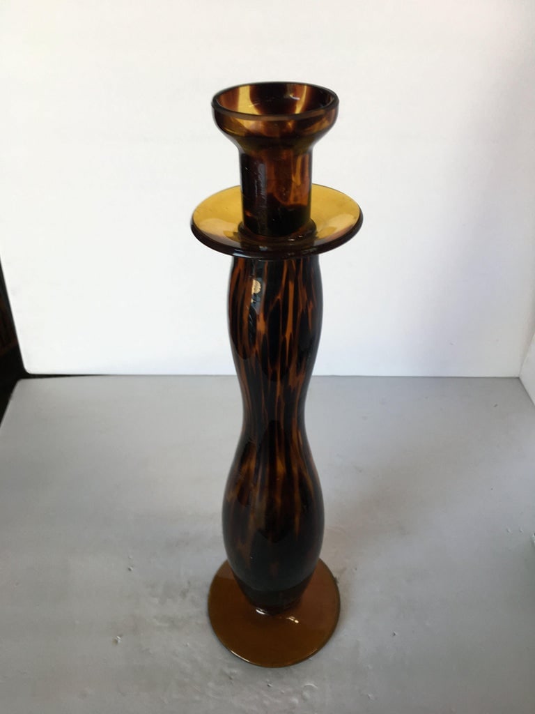 Large Hand Blown Amber Murano Glass Candlestick Holder - 6