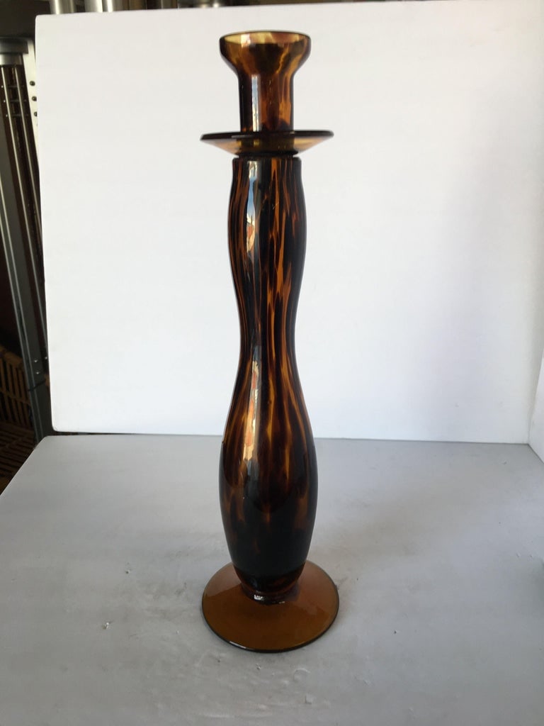Large Hand Blown Amber Murano Glass Candlestick Holder - 7
